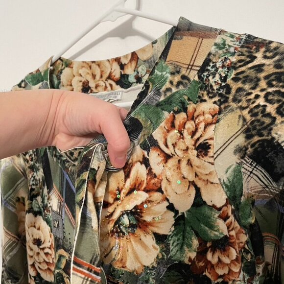 ALBERTO MAKALI Green Cream Leopard Cheetah Animal Floral Plaid 3/4 Sleeve Tunic - Picture 5 of 10